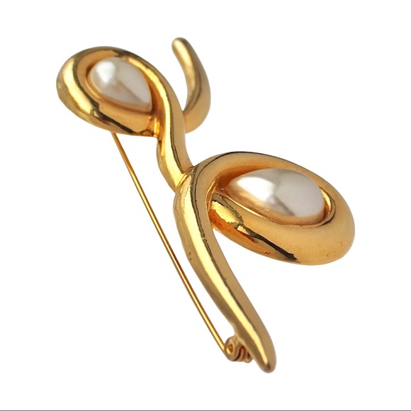 Vintage Costume Pearl Brooch Gold Plated Large Abstract Modernist Loop Knot - Picture 3 of 4